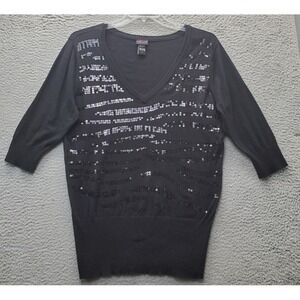 Torrid Sweater Womens Size 2 Black Sequin Ribbed Cuff & Hem Deep V Neck Pullover